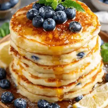 Ultimate Fluffy Lemon Ricotta Pancakes 3 Golden stack of fluffy lemon ricotta pancakes with blueberries, syrup, and powdered sugar on a rustic plate.