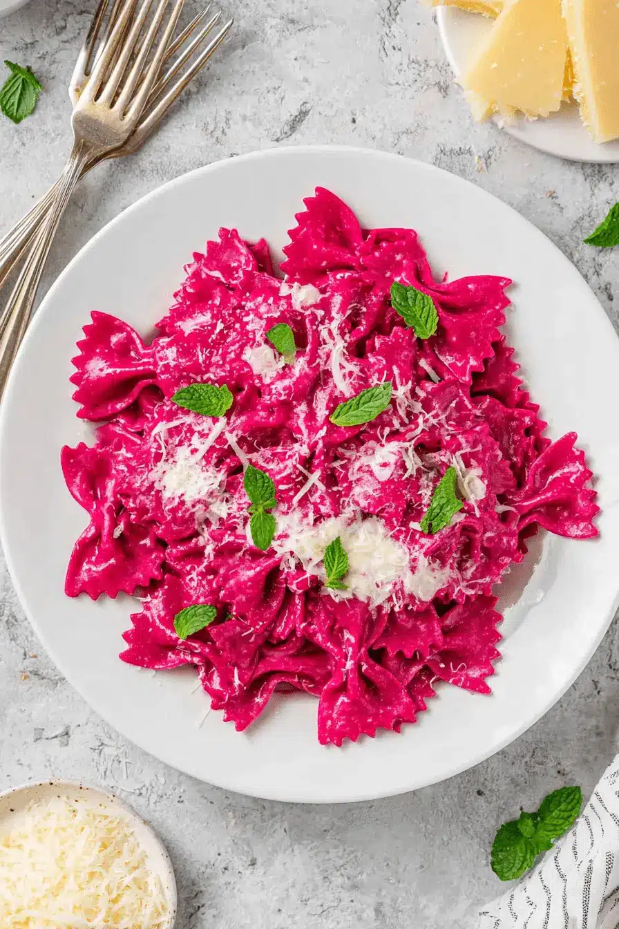 Vibrant & Easy Beet Pasta with Creamy Ricotta 2 Elegant serving of vibrant pink farfalle Beet Pasta garnished with fresh mint and grated cheese.