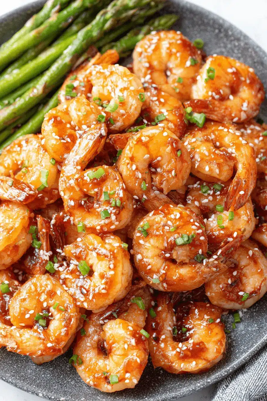 Amazing Sriracha Shrimp: Sweet & Spicy in 20 Mins 2 Overhead shot of glossy, glazed sriracha shrimp topped with sesame seeds and green onions, plated next to vibrant green asparagus.