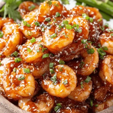 Sensational Sriracha Shrimp in Under 20 Mins 3 Overhead view of glistening sriracha shrimp in a rustic wooden bowl, garnished with sesame seeds and green onions.