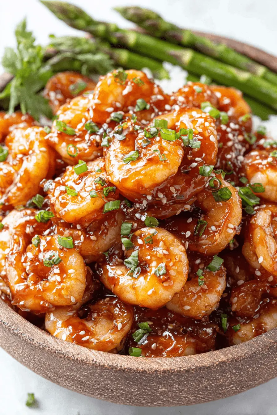 Sensational Sriracha Shrimp in Under 20 Mins 2 Overhead view of glistening sriracha shrimp in a rustic wooden bowl, garnished with sesame seeds and green onions.