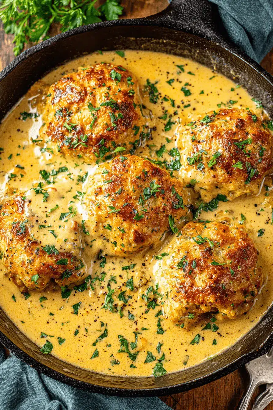 Ultimate Smothered Chicken: Cozy Comfort Dish 2 Overhead view of golden-brown smothered chicken patties in a rich, creamy sauce inside a black cast-iron skillet, topped with fresh parsley.