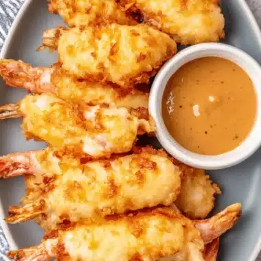 The Ultimate Crispy Shrimp Tempura Recipe 3 Golden-brown Shrimp Tempura arranged on an oval plate, ready to be dipped in the creamy sauce.