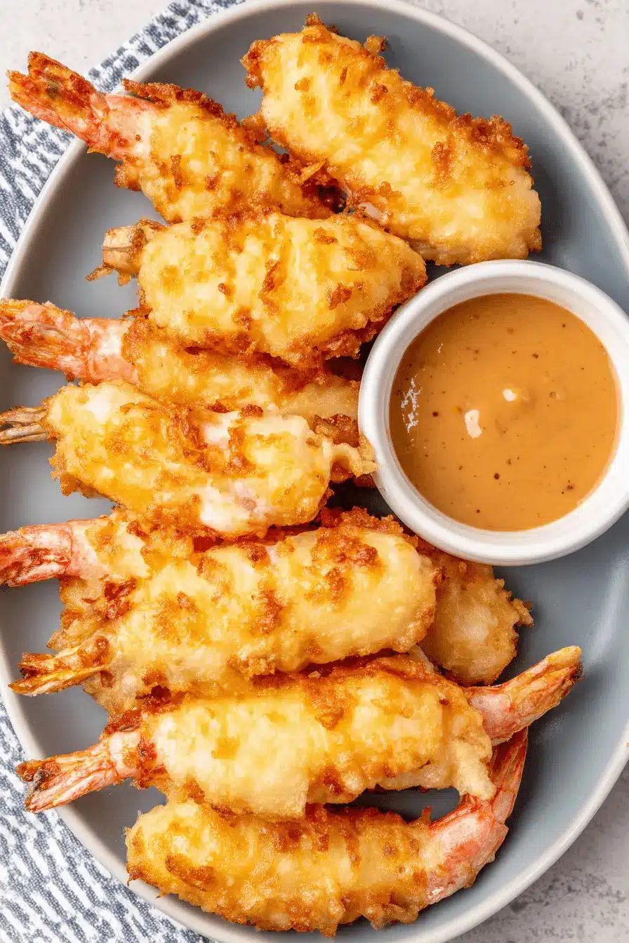 The Ultimate Crispy Shrimp Tempura Recipe 2 Golden-brown Shrimp Tempura arranged on an oval plate, ready to be dipped in the creamy sauce.