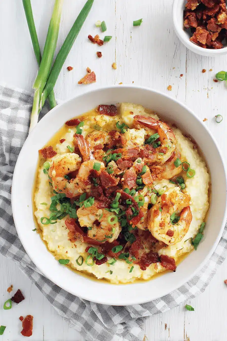 Ultimate Shrimp and Grits: Foolproof Southern Classic 2 Close-up, overhead view of a classic Southern dish: creamy shrimp and grits garnished with crispy bacon and fresh green onions.