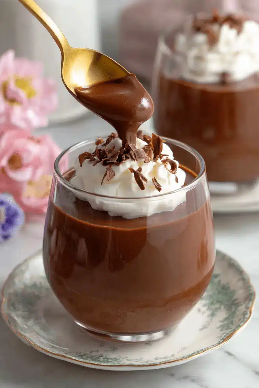 Sensational Homemade Chocolate Pudding 2 Rich, decadent chocolate pudding dessert in a clear glass with whipped cream and dark chocolate shavings.