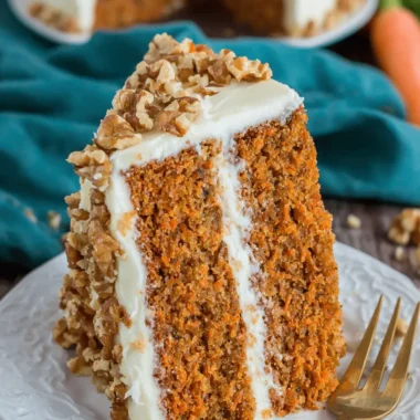 The Ultimate Carrot Cake Recipe: Always Moist 4 Slice of moist, layered carrot cake with cream cheese frosting and walnuts, highlighting a successful carrot cake recipe.