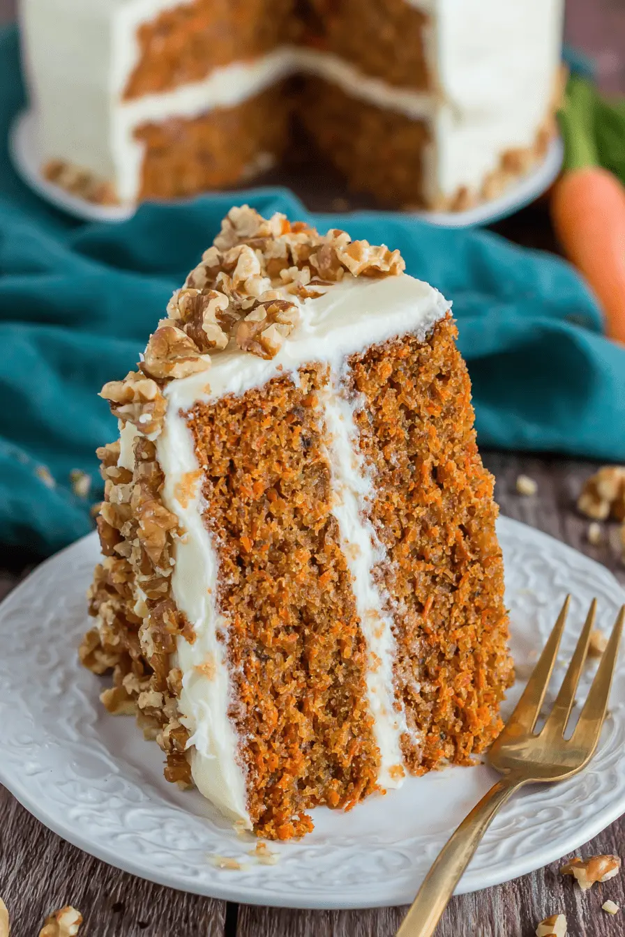 The Ultimate Carrot Cake Recipe: Always Moist 2 Slice of moist, layered carrot cake with cream cheese frosting and walnuts, highlighting a successful carrot cake recipe.