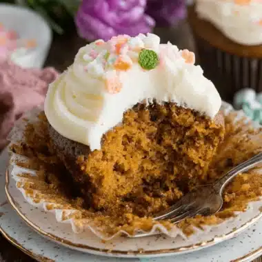 Ultimate Carrot Cake Cupcakes Recipe 4 Partially eaten carrot cake cupcakes topped with cream cheese frosting, colorful sprinkles, and a mint leaf on a rustic wooden surface.