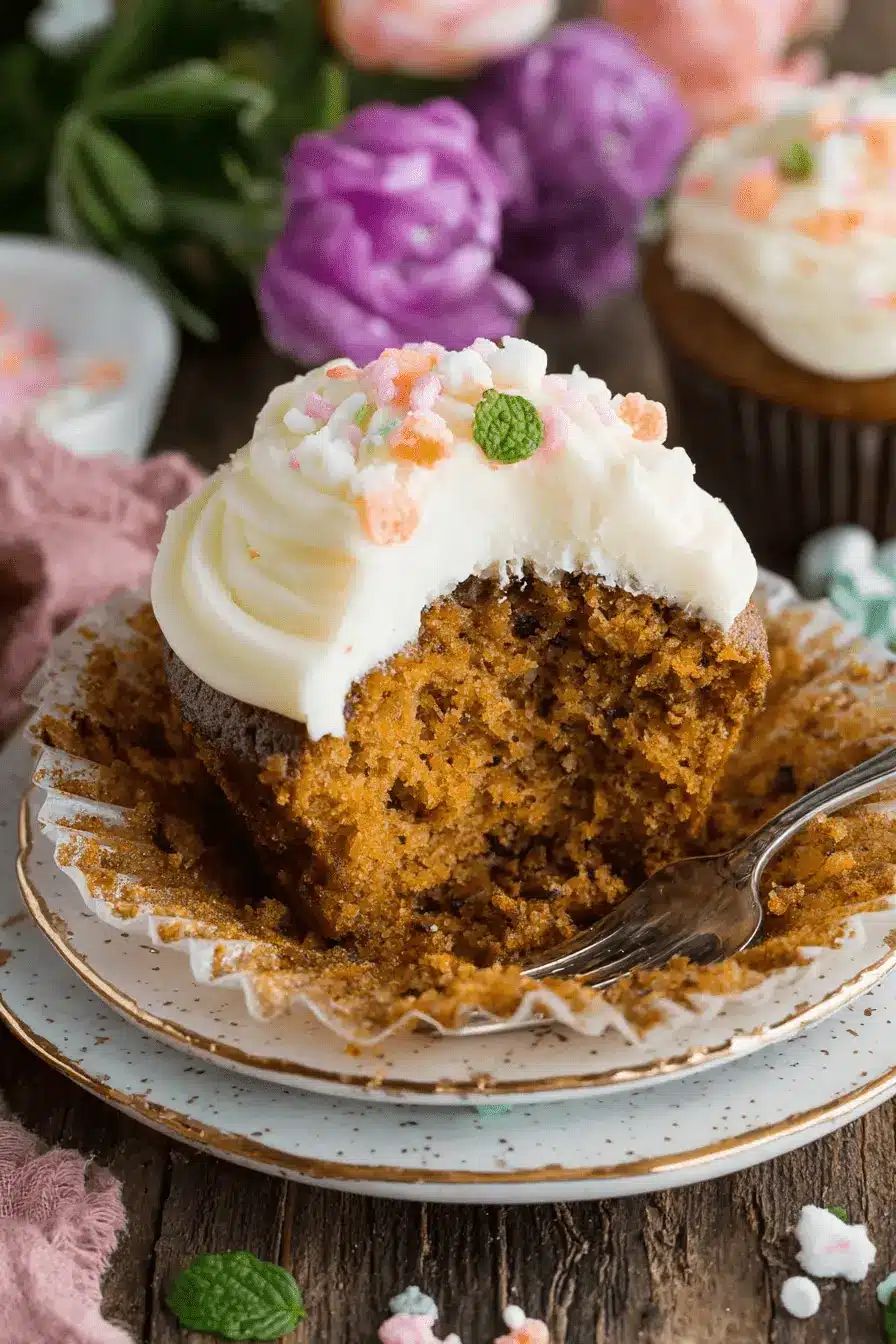 Ultimate Carrot Cake Cupcakes Recipe 2 Partially eaten carrot cake cupcakes topped with cream cheese frosting, colorful sprinkles, and a mint leaf on a rustic wooden surface.