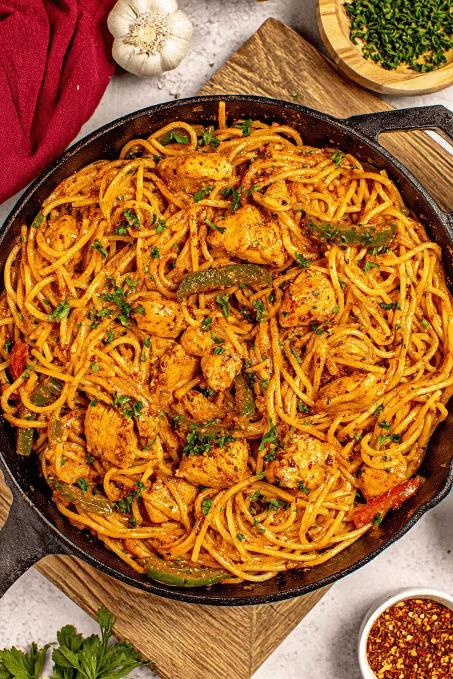Amazing Cajun Chicken Pasta in 30 Minutes 2 Delicious Cajun Chicken Pasta served hot in a rustic black cast-iron skillet, garnished with fresh parsley and green peppers.