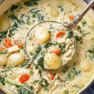 Amazing Chicken Gnocchi Soup in 30 Minutes 3 Overhead close-up of creamy, hearty chicken gnocchi soup, rich with shredded chicken and gnocchi, served in a red cast-iron pot.