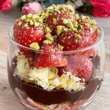 Stunning No-Bake Dubai Chocolate Strawberry Cup 3 Close-up of a decadent, layered dubai chocolate strawberry cup dessert with dark chocolate drizzle, fresh strawberries, and chopped pistachios.