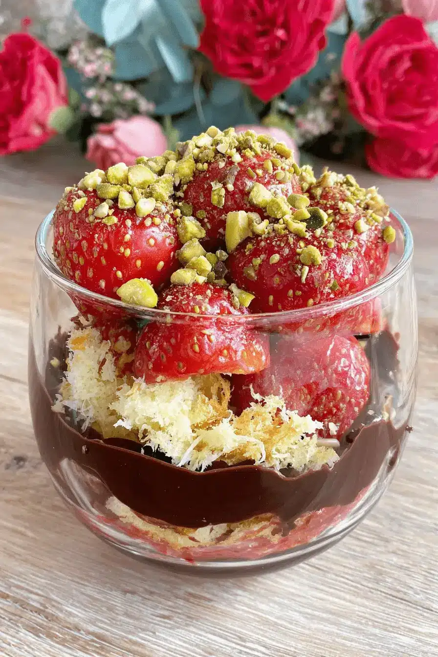 Stunning No-Bake Dubai Chocolate Strawberry Cup 2 Close-up of a decadent, layered dubai chocolate strawberry cup dessert with dark chocolate drizzle, fresh strawberries, and chopped pistachios.