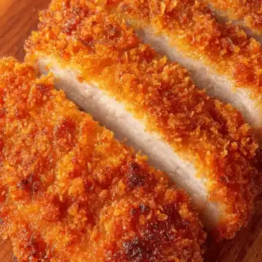 Ultimate Crispy Chicken Katsu Recipe 4 Close-up of crispy, thinly sliced chicken katsu with golden panko breading served on a rustic wooden cutting board.