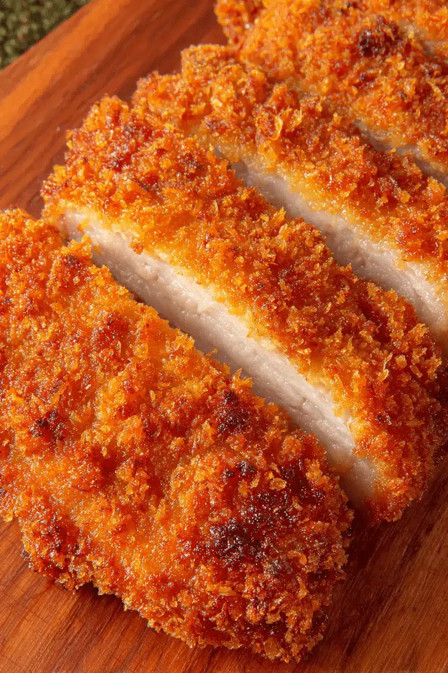 Ultimate Crispy Chicken Katsu Recipe 2 Close-up of crispy, thinly sliced chicken katsu with golden panko breading served on a rustic wooden cutting board.
