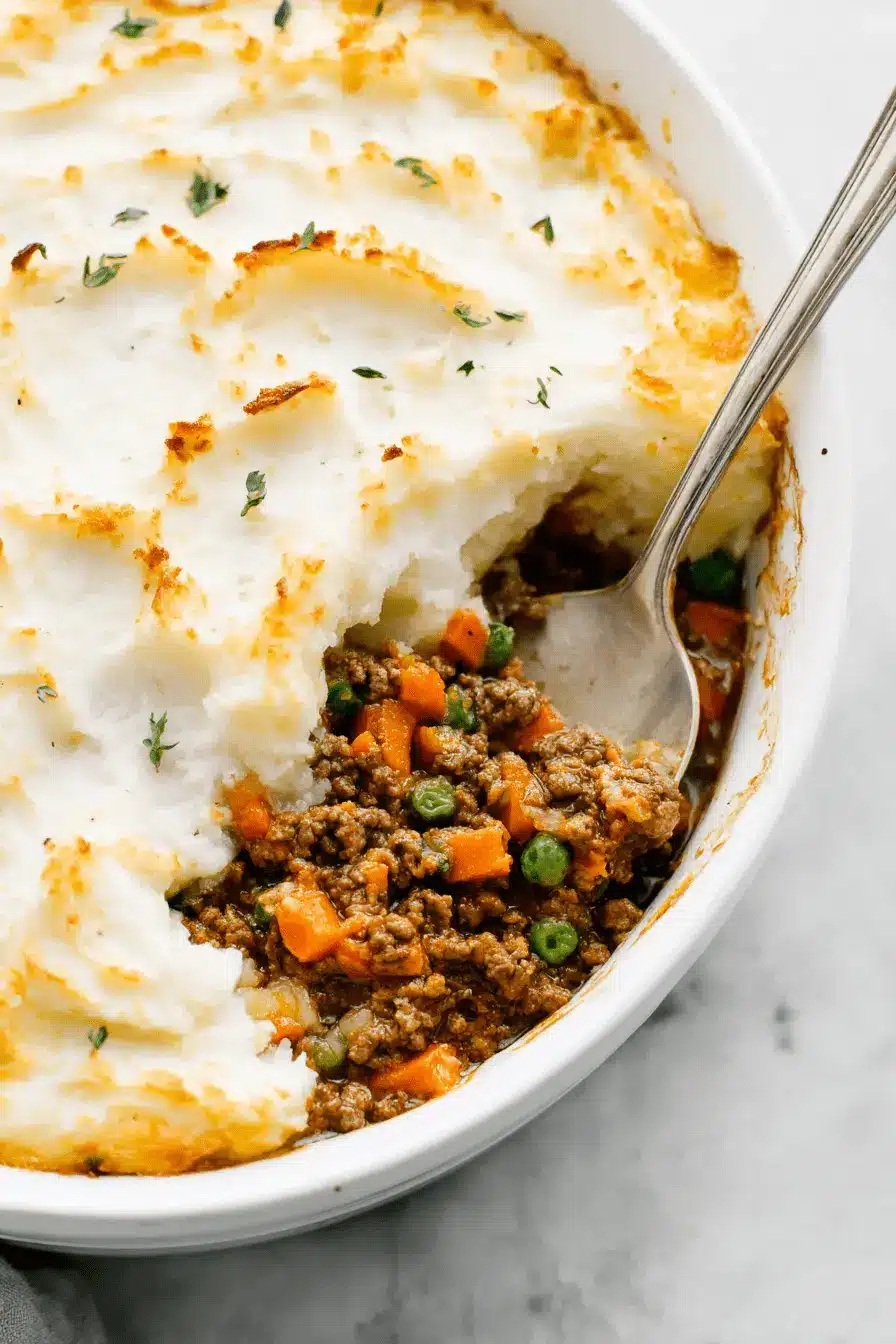 Ultimate Comfort Shepherd's Pie Recipe 2 Overhead view of a baked shepherd's pie recipe with golden, swirled mashed potatoes and a spoon serving the rich meat and vegetable filling.