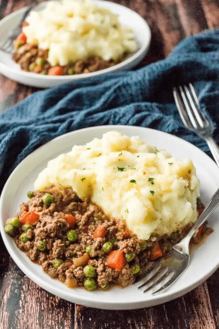 The Ultimate Crockpot Shepherd's Pie Recipe 2 Close-up of a hearty serving of shepherd's pie, showing the creamy mashed potato topping and savory filling, based on a simple crockpot shepherds pie recipe.