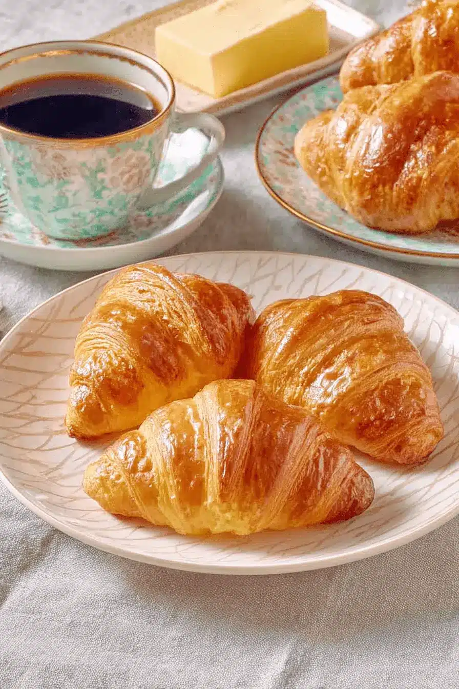 Amazing Croissant Recipes: Bake Perfect Pastries 2 A luxurious breakfast spread of five golden, flaky croissants arranged next to coffee, inspiring new homemade croissant recipes.