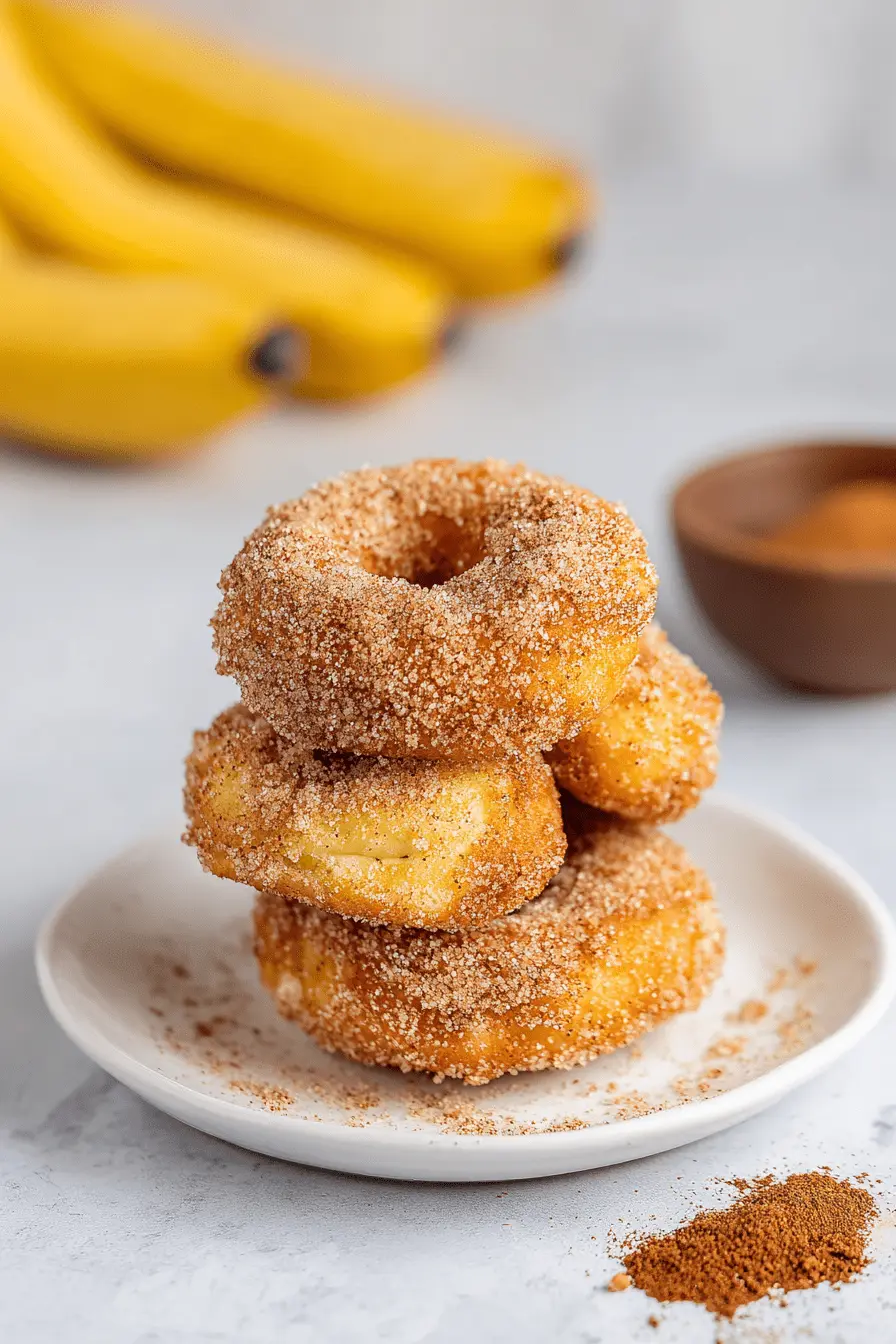 Amazing Easy Banana Donut Holes in 20 Minutes 2 Stack of golden cinnamon-sugar donuts on a white plate, representing a recipe for homemade banana donut holes.