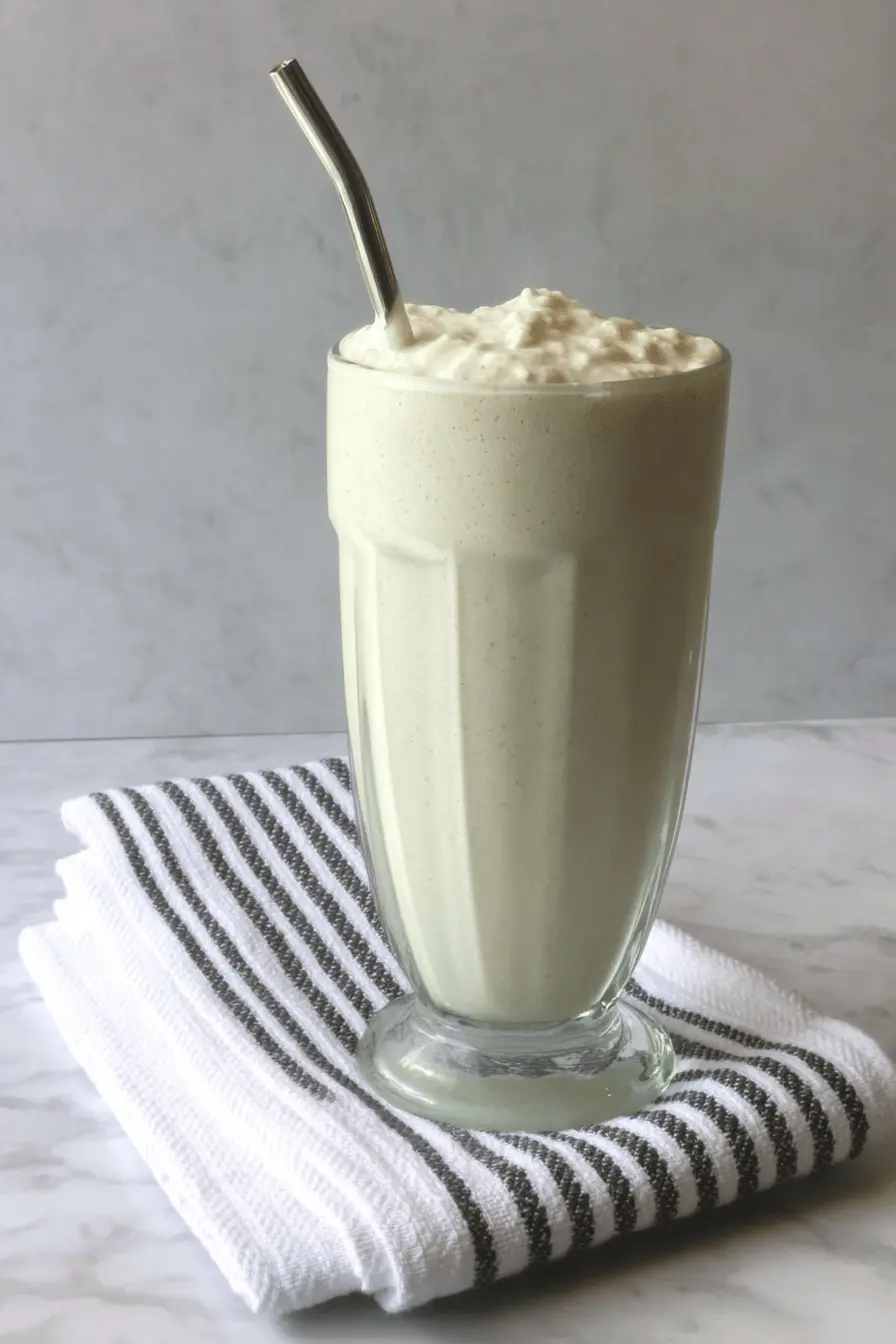 Ultimate Homemade Vanilla Bean Frappuccino Recipe 2 Close-up of a thick, creamy beverage made using the vanilla bean frappuccino recipe, served in a tall, ridged glass with a metal straw.