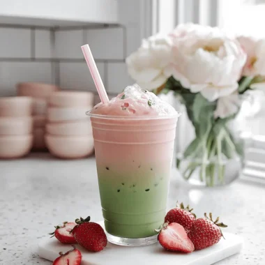 The Ultimate Strawberry Matcha Latte Recipe 4 A refreshing, layered strawberry matcha latte served in a clear cup on a white marble slab with fresh strawberries scattered nearby.