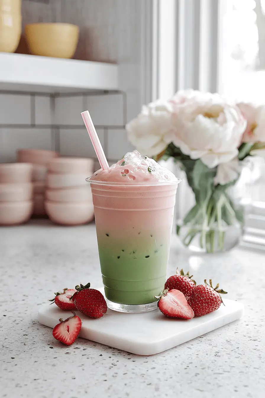 The Ultimate Strawberry Matcha Latte Recipe 2 A refreshing, layered strawberry matcha latte served in a clear cup on a white marble slab with fresh strawberries scattered nearby.