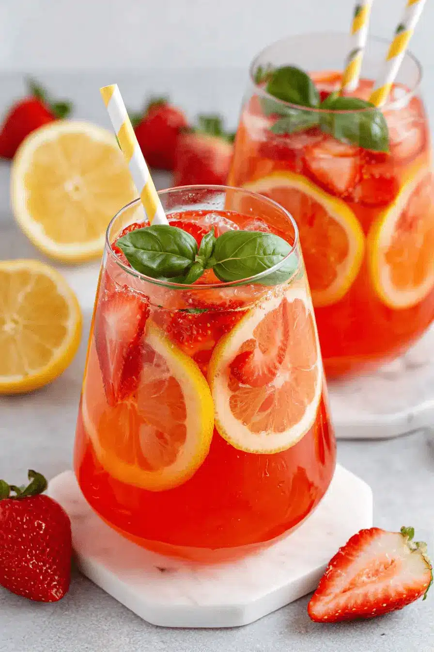 Ultimate Strawberry Basil Lemonade: Vibrant Summer Sip 2 Refreshing close-up of two glasses of ice-cold strawberry basil lemonade garnished with fresh basil leaves and lemon slices.