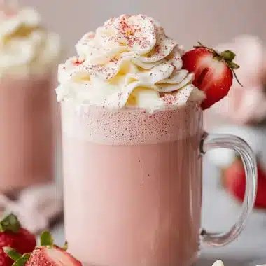Magic Strawberry Hot Chocolate Recipe 4 Close-up of pink strawberry hot chocolate in a clear glass mug, garnished with whipped cream and a fresh strawberry, set beside fresh berries and white chocolate chips.