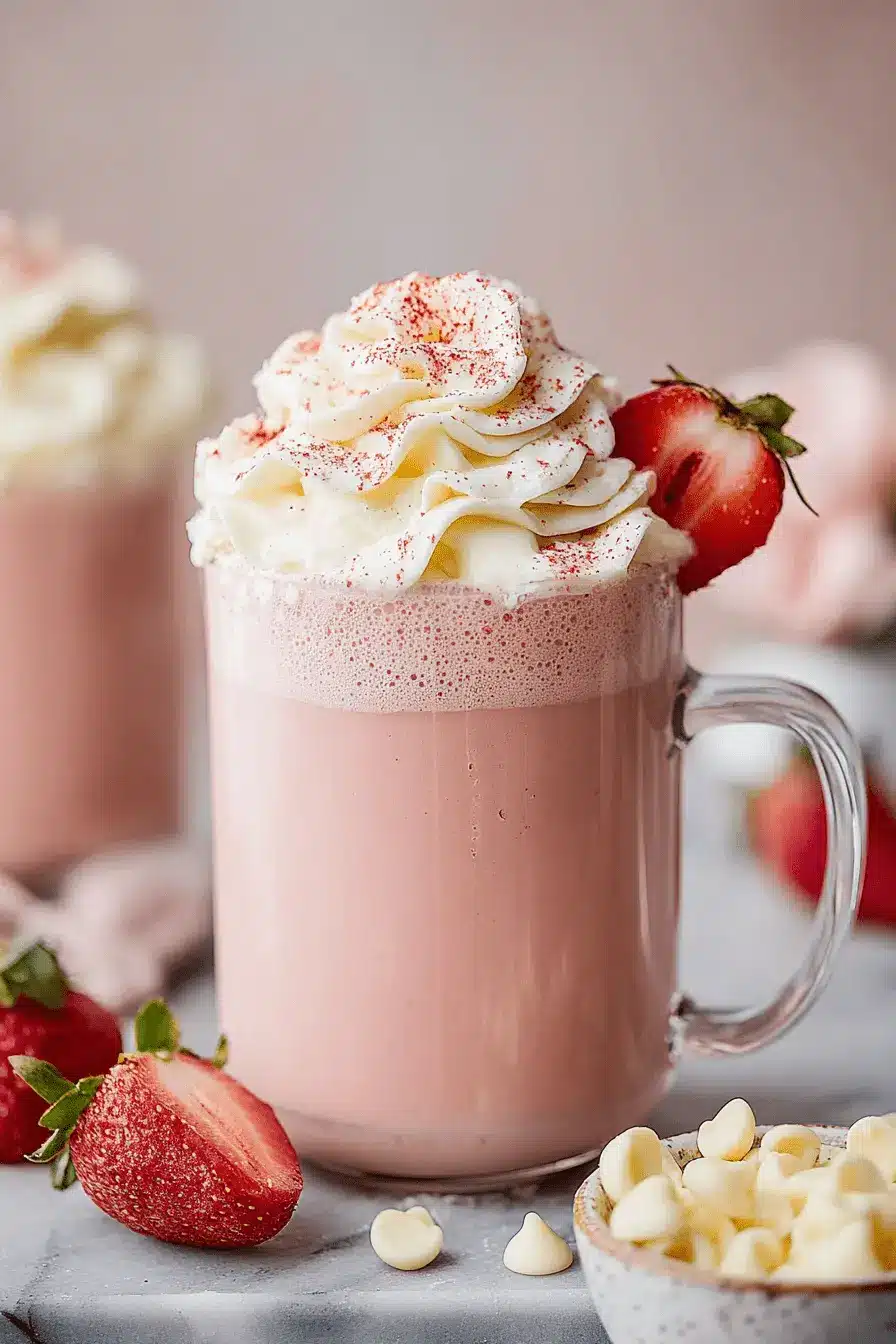 Magic Strawberry Hot Chocolate Recipe 2 Close-up of pink strawberry hot chocolate in a clear glass mug, garnished with whipped cream and a fresh strawberry, set beside fresh berries and white chocolate chips.