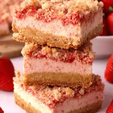 Foolproof Strawberry Shortcake Cheesecake 3 Close-up of three stacked Strawberry Shortcake Cheesecake bars featuring a streusel topping and fresh strawberries.