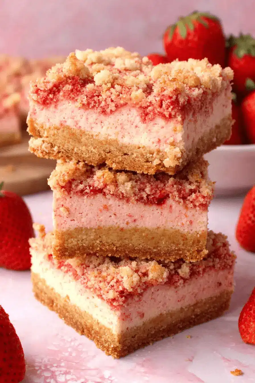 Foolproof Strawberry Shortcake Cheesecake 2 Close-up of three stacked Strawberry Shortcake Cheesecake bars featuring a streusel topping and fresh strawberries.