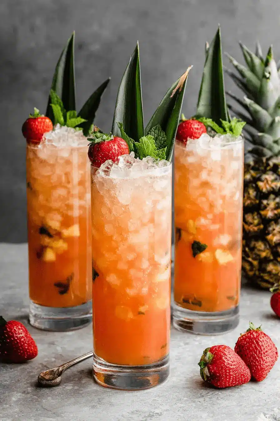 The Ultimate Strawberry Pineapple Mojito 2 Three tall glasses of vibrant, crushed-ice Strawberry Pineapple Mojito garnished with fresh strawberries, mint sprigs, and pineapple leaves.
