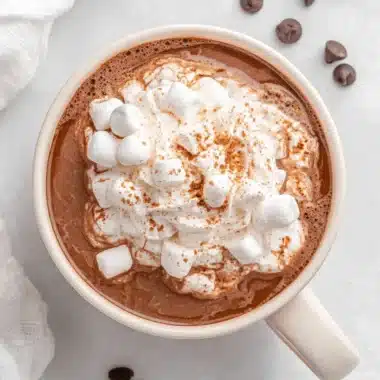 Easy Stovetop Hot Chocolate for Instant Joy 3 Top-down close-up of a mug of rich, creamy stovetop hot chocolate topped with whipped cream, cocoa dusting, and mini marshmallows.