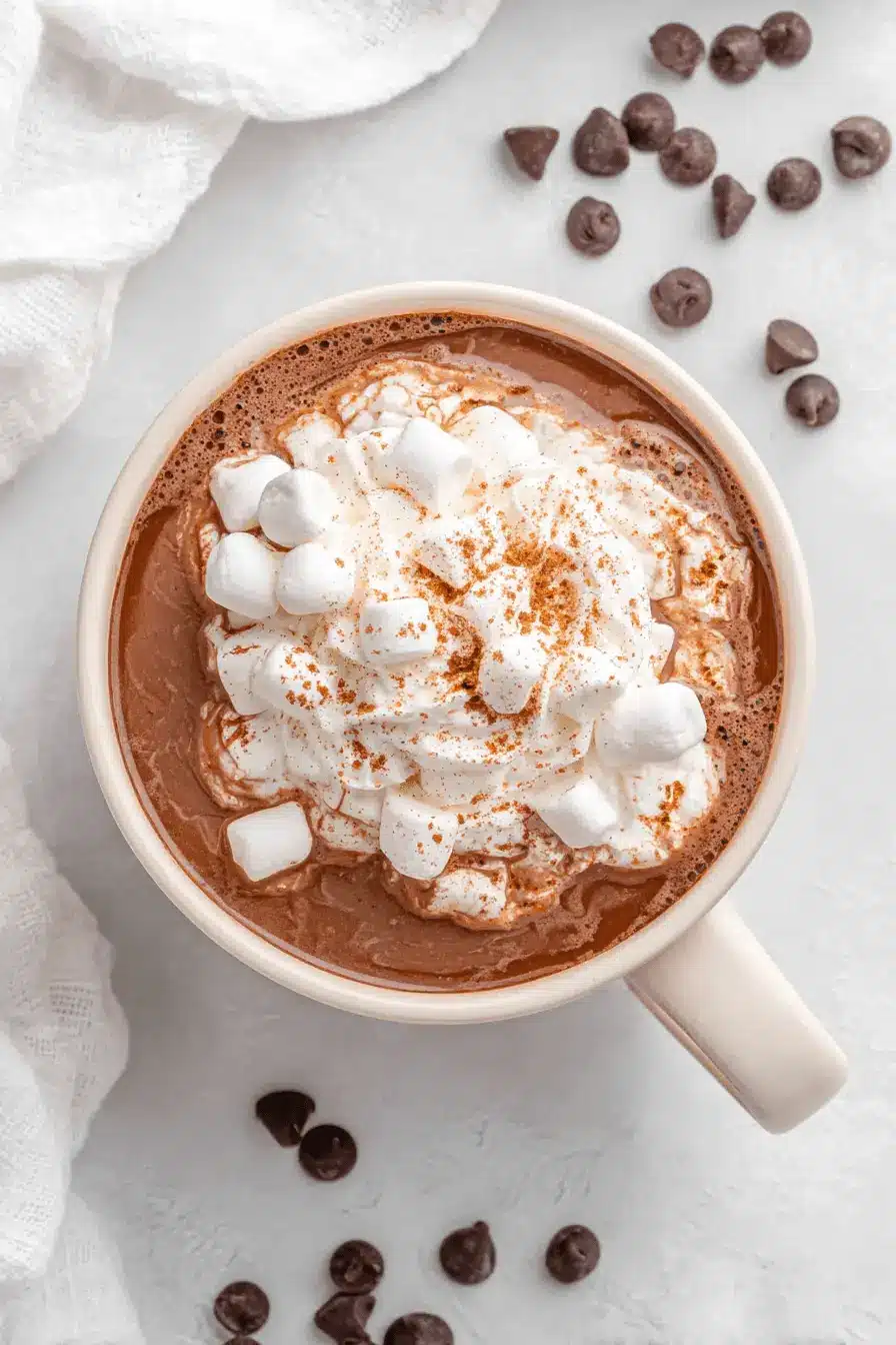 Easy Stovetop Hot Chocolate for Instant Joy 2 Top-down close-up of a mug of rich, creamy stovetop hot chocolate topped with whipped cream, cocoa dusting, and mini marshmallows.