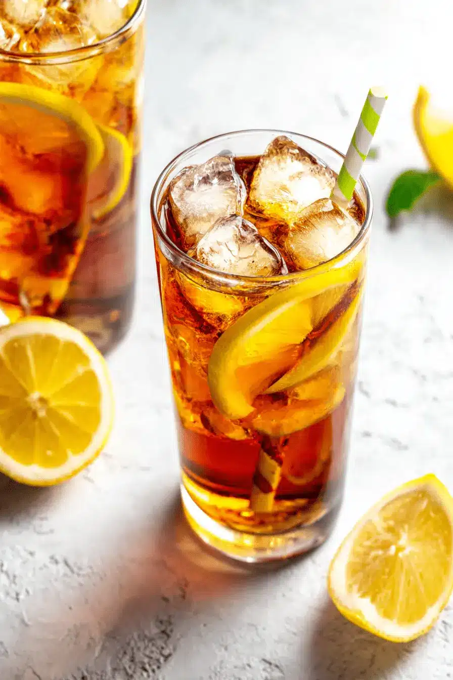 Amazing Smooth Ice Lemon Tea Recipe 2 Two glasses of chilled Ice Lemon Tea garnished with fresh lemon slices and mint, shot from a high angle on a textured surface.