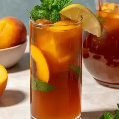 Wonderful Homemade Peach Ice Tea 4 Tall glass of refreshing homemade peach ice tea garnished with fresh peach slices and mint.
