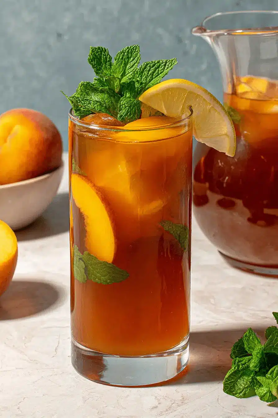 Wonderful Homemade Peach Ice Tea 2 Tall glass of refreshing homemade peach ice tea garnished with fresh peach slices and mint.