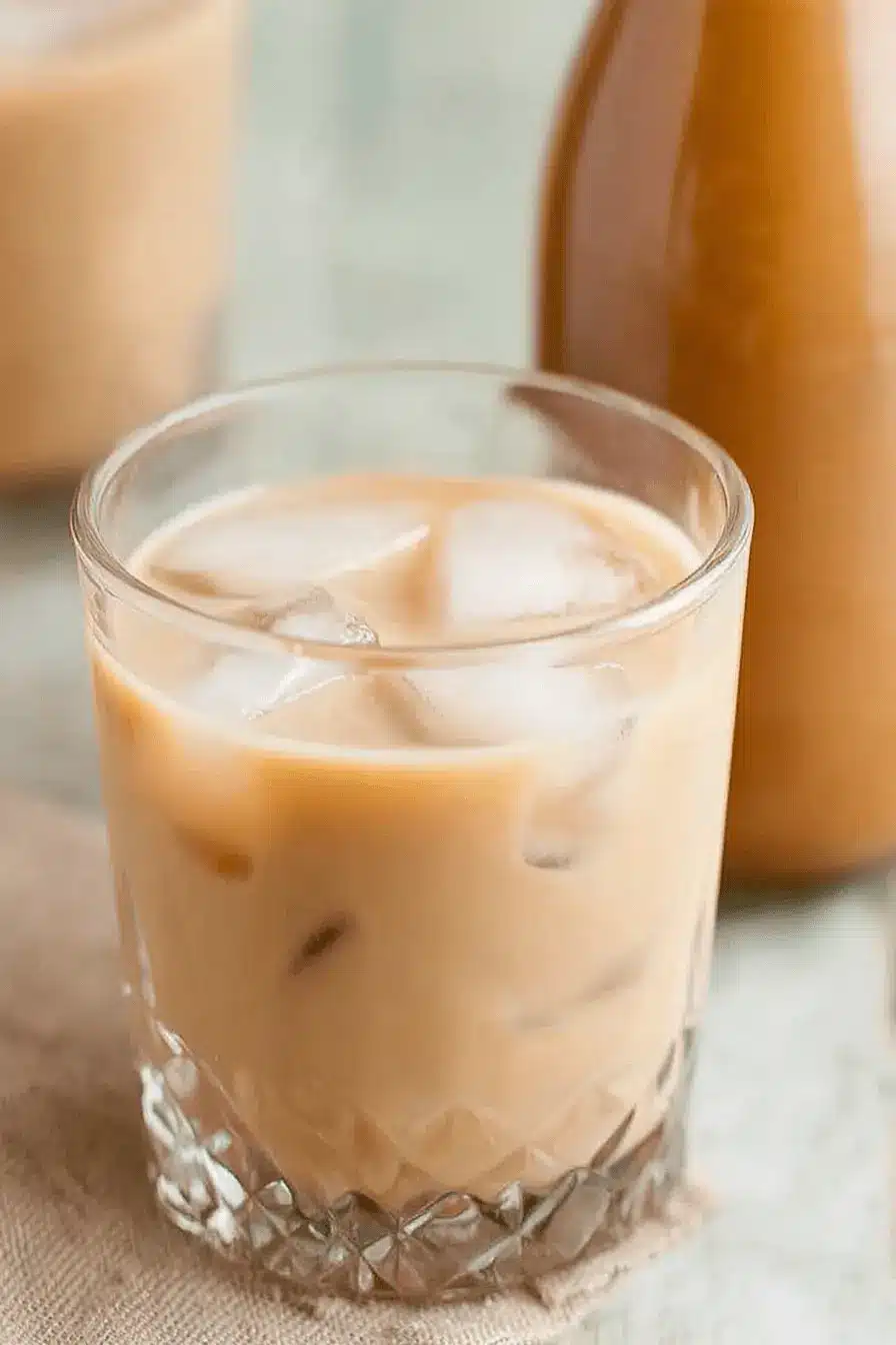Amazing 5-Minute Homemade Baileys Irish Cream 2 Close-up of homemade baileys irish cream served on the rocks in an elegant diamond-cut glass.