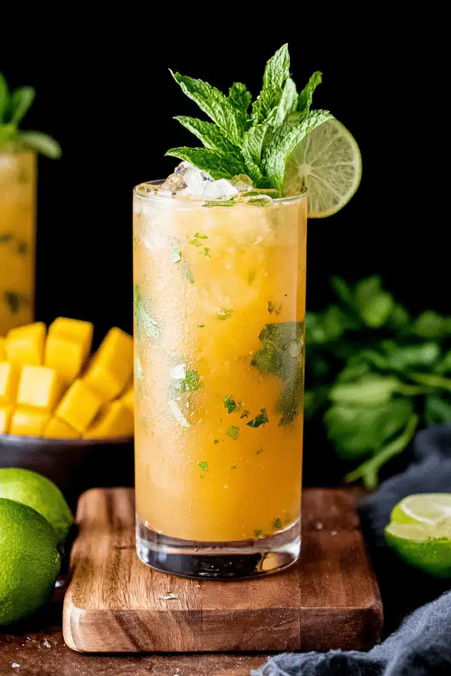 Amazing Homemade Mango Iced Tea 2 A tall, frosted glass of vibrant mango iced tea garnished with fresh mint and a lime wedge, set next to mango cubes.