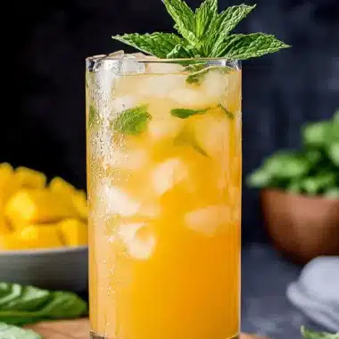 Vibrant Homemade Mango Iced Tea 3 Refreshing glass of vibrant mango iced tea, heavily iced and garnished with fresh mint, next to chopped mango chunks.