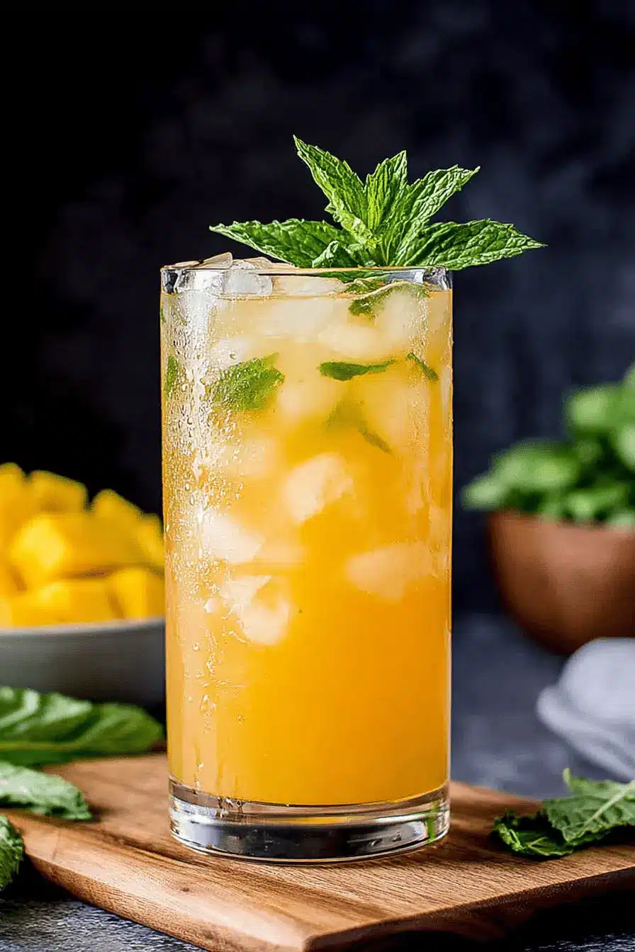 Vibrant Homemade Mango Iced Tea 2 Refreshing glass of vibrant mango iced tea, heavily iced and garnished with fresh mint, next to chopped mango chunks.
