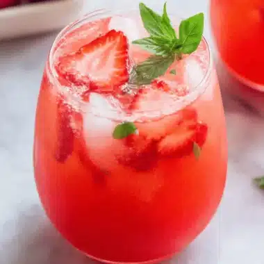 Quick & Easy Strawberry Iced Tea Recipe 4 Refreshing glass of homemade strawberry iced tea with fresh basil and sliced strawberries.
