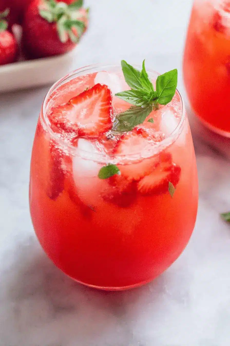 Quick & Easy Strawberry Iced Tea Recipe 2 Refreshing glass of homemade strawberry iced tea with fresh basil and sliced strawberries.