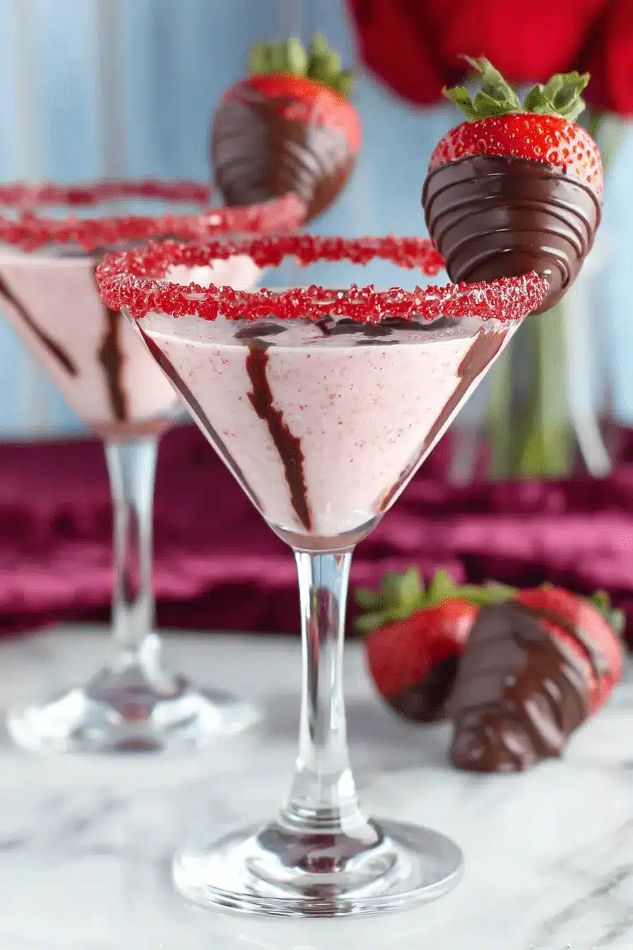 Tempting Chocolate Covered Strawberry Martini 2 Elegant Chocolate Covered Strawberry Martini in two glasses with red sugar rims, chocolate drizzle, and a chocolate-dipped strawberry garnish.