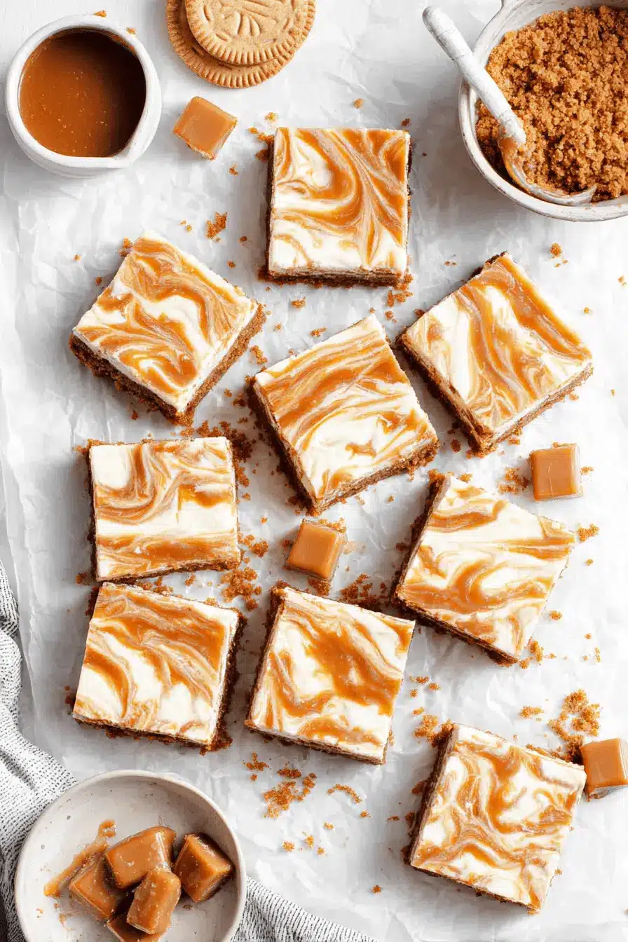 Irresistibly Easy Golden Oreo Strawberry Cheesecake Bars 2 Decadent, creamy golden oreo strawberry cheesecake bars displayed on parchment paper, featuring a thick crumb crust and a luxurious swirl topping.
