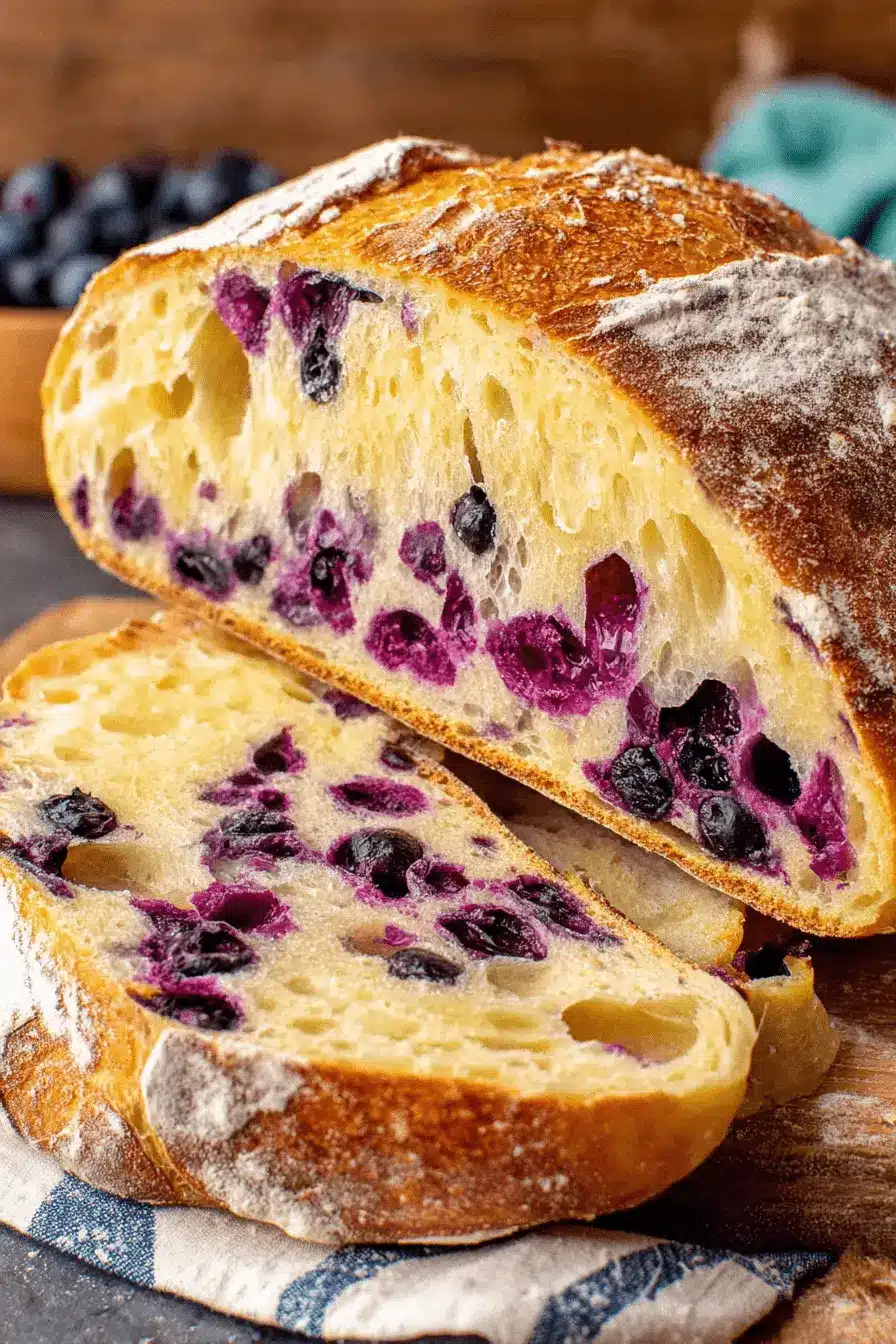 Simple Lemon Blueberry Sourdough Bread 2 Sliced rustic loaf of lemon blueberry sourdough bread resting on a wooden cutting board, revealing the airy yellow crumb and purple-stained blueberries.