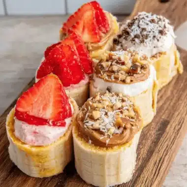 Amazing Banana Sushi for Quick & Healthy Snacking 3 Close-up overhead shot of six decorative Banana Sushi rolls on a wooden cutting board, featuring toppings like strawberry slices, nuts, coconut, and chocolate shavings.