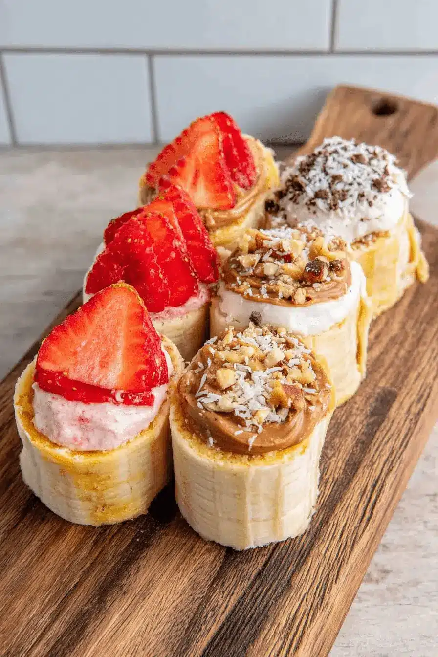 Amazing Banana Sushi for Quick & Healthy Snacking 2 Close-up overhead shot of six decorative Banana Sushi rolls on a wooden cutting board, featuring toppings like strawberry slices, nuts, coconut, and chocolate shavings.