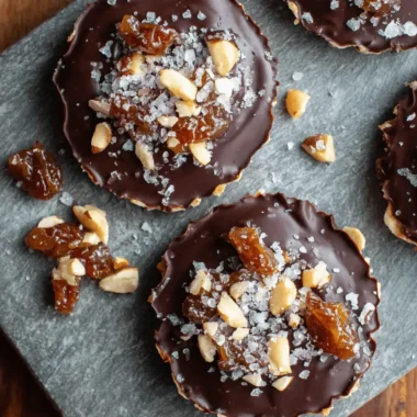 Ultimate Easy Rice Cake Snacks for Busy Weeknights 4 Gourmet dark chocolate-covered rice cake snacks topped with chopped nuts, dried fruit, and sea salt.